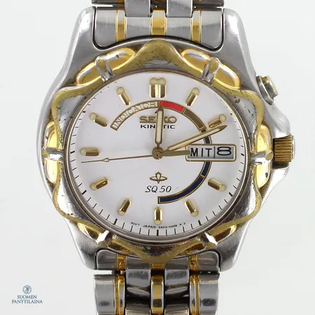 Teräsrannekello, Seiko, Kinetic SQ 50, quartz, rungon Ø37mm, teräsrannekkeen pituus 185mm, naarmuja