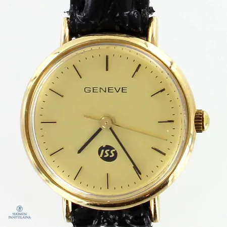 Kultarannekello Geneve, ISS,  quartz:paristo loppunut, kaiverrettu, taulun Ø 23mm, nahkaranneke, 585br, 
