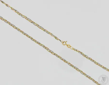 Kaulaketju, pituus 42,5cm, leveys 3mm, 585 kelta- valko ja punakulta,  Paino: 4,7 g