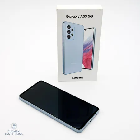 Älypuhelin, Samsung Galaxy A53 5G, 128Gt, Awesome Blue, käytön jälkiä, näytössä naarmuja, laatikko ja ostokuitti