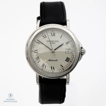 Teräsrannekello, Raymond Weil, Tradition, ref. 2834, rungon Ø 36mm, rungossa käytön jälkiä, automaatti, nahkaranneke jossa kulumaa 