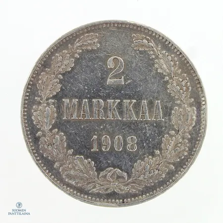 Hopearaha, 2 markkaa, 1908, 868hopea,  Paino: 10,4 g