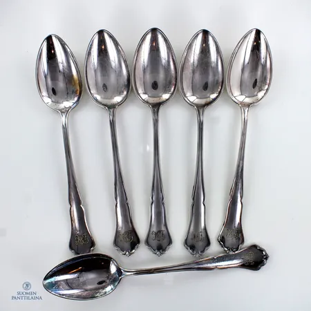 Kuusi ruokalusikkaa, Chippendale, kaiverrettu, pituus 168mm, 813h,  Paino: 216,3 g