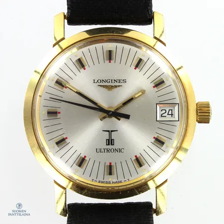 Kultarannekello Longines Ultronic, äänirauta-koneisto, CAl.6312, rungon Ø35mm, pientä käytön jälkeä, nahkaranneke kulunut, rannekkeen pituus 165-205mm, 750br,  