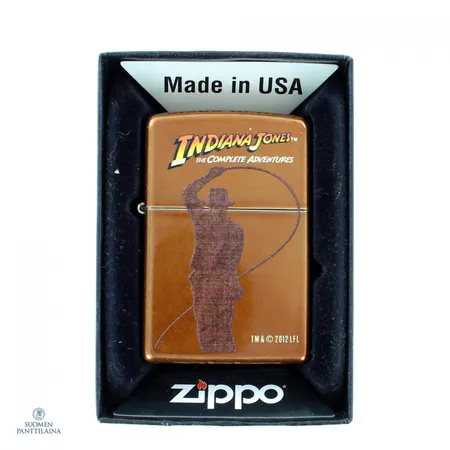 Sytytin Zippo, Indiana Jones, käytön jälkiä, bensa loppu, laatikko