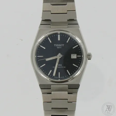 Teräsrannekello Tissot PRX Powermatic 80, automaatti, WR 10 bar 100m / 330ft, mallinumero T137407A, Ø 40mm, pituus 170mm ja rannekken jatkopalat mukana, ohjekirja, säilytysrasia ja takuutodistus, ostettu 22.7.2022. 