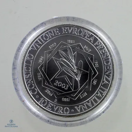Hopeinen juhlaraha, 10 Euro (Presidency of European Union Council) 2003 , 925,  Paino: 22 g