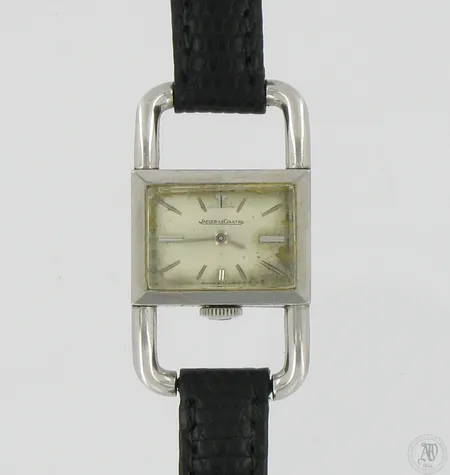 Teräsrannekello JaegerLeCoultre Etrier for Hermes, 1670, 1149348, 1940-luku, mekaaninen, taulun mitat ilman rannekeosia 20x15mm, taulussa kulumaa ja hapettumia, rungossa ja lasissa käytön jälkiä, nahkaranneke.