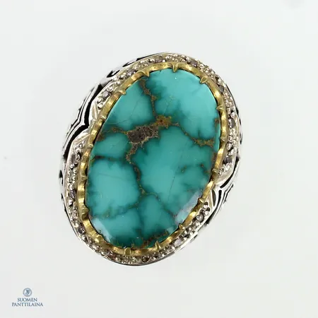 Kivisormus timanteilla 14xn.0.01ct, koko 19½, leimaamaton 800br hopea,  Paino: 23,4 g