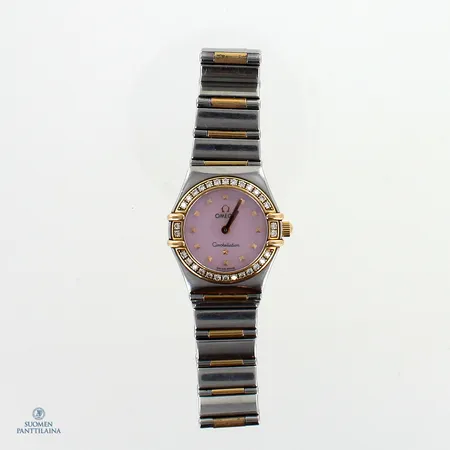 Teräsrannekello Omega, Constellation My Choice timanteilla 30xn0.01ct, helmiäistaulu, quartz, ref: 13687300, N*90227836, taulun Ø 23mm, rannekkeen pituus 150mm, 5 lisäpalaa, todistus