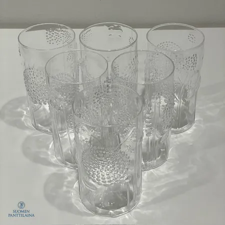 Kuusi kirkasta juomalasia Iittala, Flora, design Oiva Toikka, korkeus 12cm