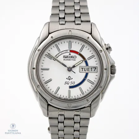 Teräsrannekello, Seiko, Kinetic SQ 50, quartz, rungon Ø 36mm, rannekeen pituus 200mm, normaaleja käytön jälkiä