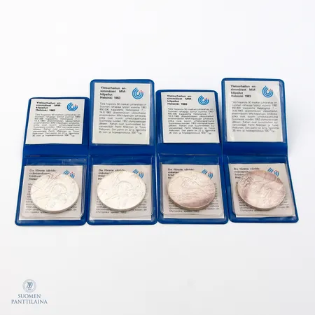 Neljä juhlaraha, Yleisurheilun MM 1983, yht. nimellisarvo 200mk, 500, Paino: 88 g