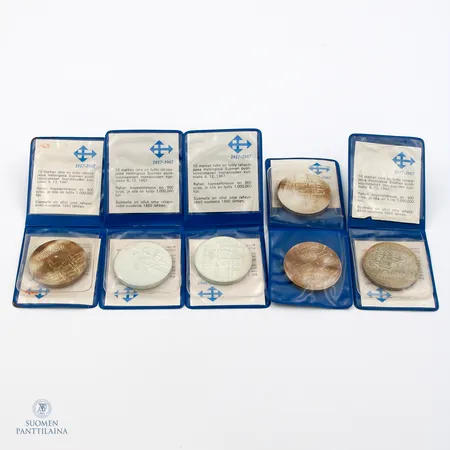 Kuusi juhlarahaa, Suomi 1917-1967, yht. nimellisarvo 60 mk, 900, Paino: 144 g