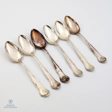 Kuusi lusikkaa, kaiverrettu, Chippendale, pituus 170mm, 830, Paino: 219,7 g