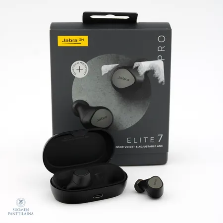Vastamelunappikuulokkeet, Jabra Elite 7 Pro, musta/titaani, normaaleja käytön jälkiä, vaihto päät, lataus johto, kuitti ja laatikko
