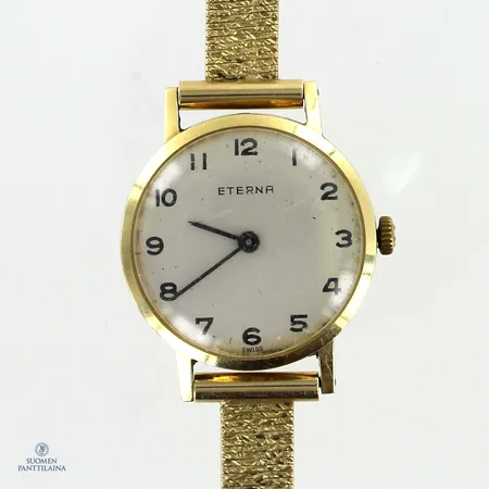 Kultarannekello Eterna, käytön jälkiä ja kaiverrettu, rungon Ø 24mm, rannekkeen pituus 175mm, 585br,  Paino: 27,2 g