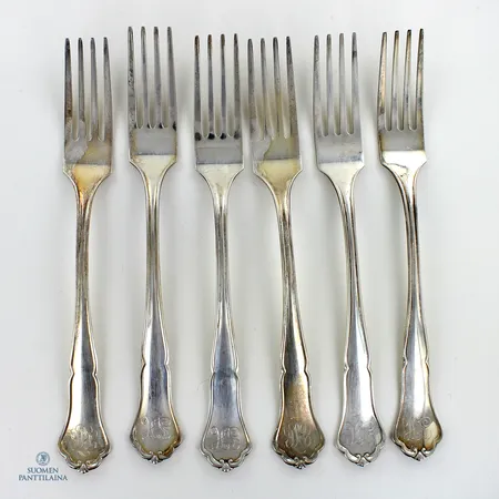 Kuusi ruokahaarukkaa, Chippendale, kaiverrettu, pituus 180mm, 830,  Paino: 199,3 g