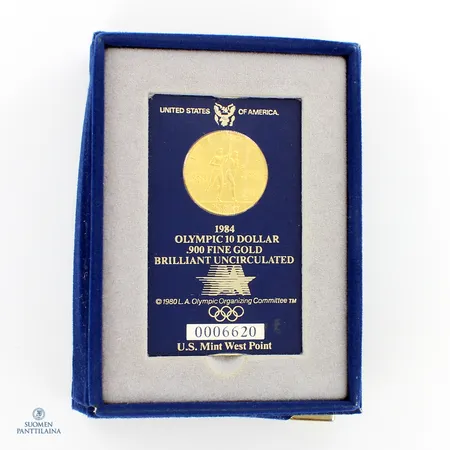 Kultaraha Olympia 1984, 10 dollaria, laatikko, 0006620, 999,  Paino: 15 g