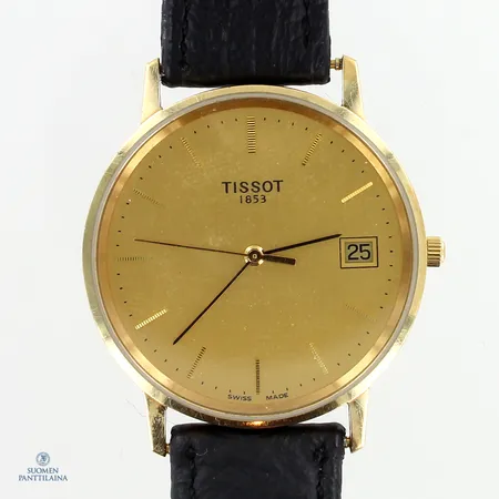 Kultarannekello Tissot, quartz, käytön jälkiä, kaiverrettu, S:N H674320, rungon Ø33.5mm, nahkarannekkeen pituus 205-235mm, ranneke kulunut, 585br, 