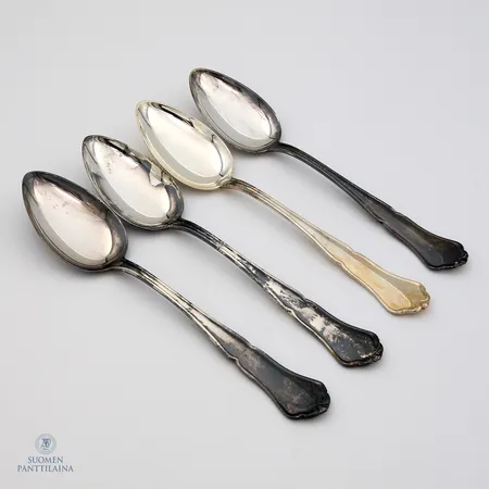 Neljä Jälkiruokalusikkaa, Chippendale, kaiverrettuja, pituus 169mm, 830, Paino: 141,5 g