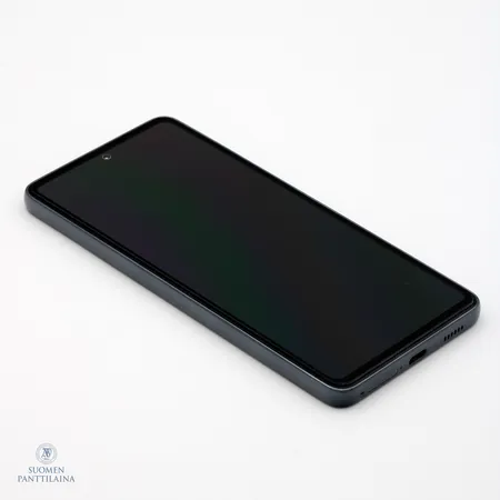 Älypuhelin, Samsung Galaxy A53 5G, 128Gt, musta, panssarilasi asennettuna, nahkainen lompakko kuori ja ostokuitti Gigantti 7.1.2023