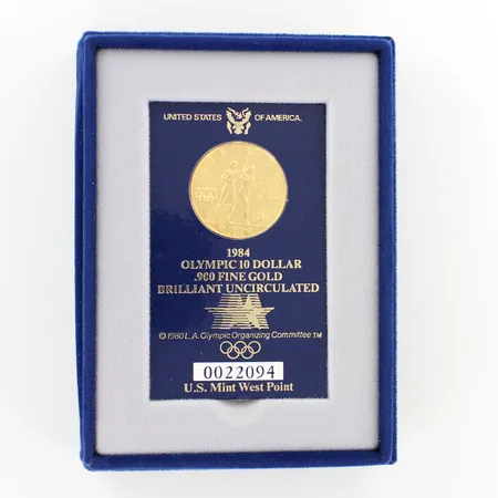 Kultaraha, olympic 1984, ten dollar, USA, 900, Paino: 16,7 g