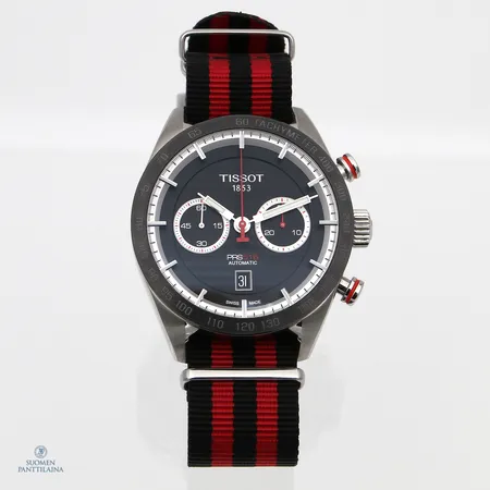 Teräsrannekello, Tissot T-Sport PRS 516 Automatic Chronograph, ref.T100.427.16.051.00, sn.3DX1J9W9F, taulun Ø 45mm, kangasranneke, pituus 150-230mm , mukana nahkaranneke varmuuslukolla, takuutodistus, paperit ja laatikko 