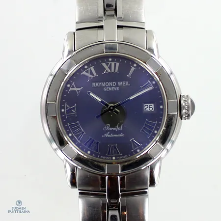 Teräsrannekello, Raymond Weil Parsifal, Swiss Made, Grey Dial, automatic, 2841-ST-00608, käytön jälkiä, rungon Ø39.5mm, teräsrannekkeen pituus 195mm, yksi rannekkeen lisäpala, kulunut laatikko ja aitoutodistus