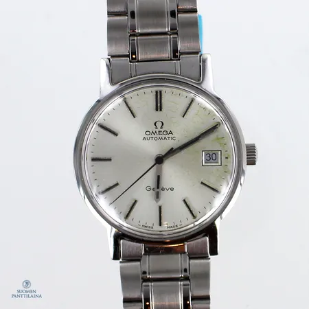 Teräsrannekello Omega Geneve, automaatti, caliber 1012, Ø 35mm, päivyri, uusi leijona teräsranneke, rannekkeen pituus 190mm