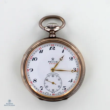 Hopeinen taskukello Revue Prima, antimagnetic, swiss made, Ø 53.5mm, kaiverrettu, 17 jewels,  Paino: 100,4 g