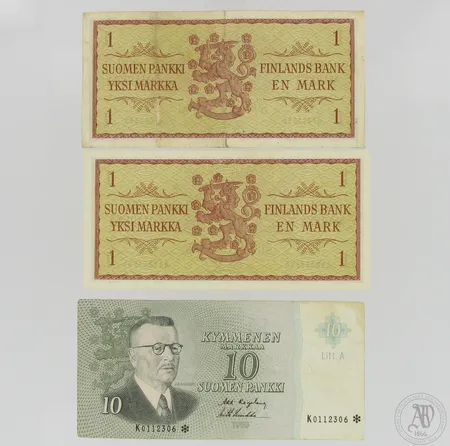 Suomalaisia seteleitä: 10mk 1963 ja kaksi 1 mk 1963 