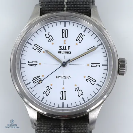 Teräsrannekello S.U.F Helsinki, Myrsky, automaatti, rungon Ø42mm, SarpanevaUhrenFabrik MY-III #62, 25 jewels, pientä käytön jälkeä,  nato-rannekkeen pituus 190mm, 
