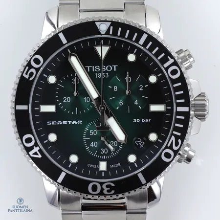 Teräsrannekello Tissot Seastar 1000 Quartz Chronograph, T1204171109101, rungon Ø45.5mm, teräsrannekkeen pituus 200mm,  laatikko ja paperit 