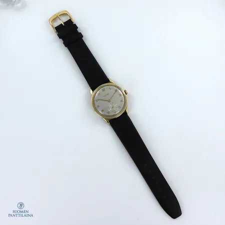 Viallinen kultarannekello Ulysse Nardin, Locle Suisse, Swiss, S:N 247397 manuaalinen, ei käy, lasikkeessa naarmuja, Ø35mm, nahkarannekkeen pituus 170-215mm, ranneke ei alkuperäinen,  Paino: 37,9 g