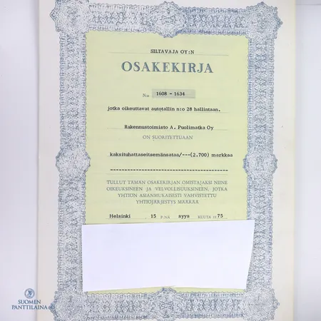 Osakekirja , Autotalli-osake, No.28,  Siltavaja Oy no. 1608-1634, 1 osake, 13.5m2,
osake sijaitsee osoitteessa Jousimiehentie 7, 00740 Helsinki.  