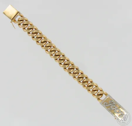 Panssariranneketju laatalla ja timantti istutuksella 105xn.0.01ct, pituus 230mm, leveys 20mm, 585 kelta- ja valkokulta, Paino: 229,9 g