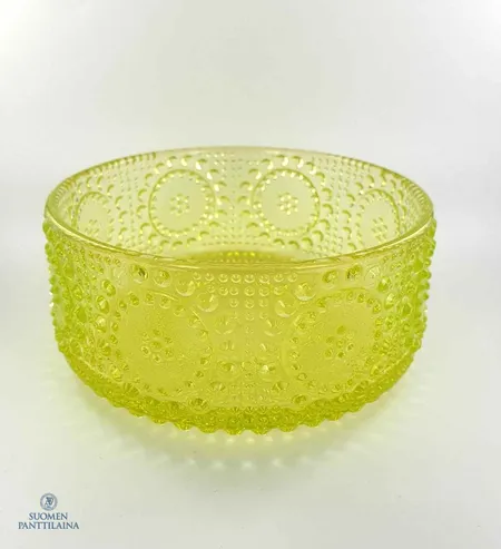 Jälkiruokakulho Riihimäen lasi, Grapponia, design Nanny Still, keltainen, halkaisija 12 cm