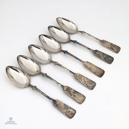 Kuusi jälkiruokalusikkaa, Musla, kaiverrettu, pituus 166mm, 813,  Paino: 144,1 g