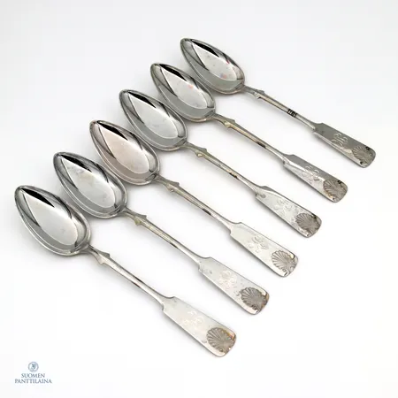 Kuusi ruokalusikkaa, Musla, kaiverrettu, pituus 180mm, 830,  Paino: 211 g