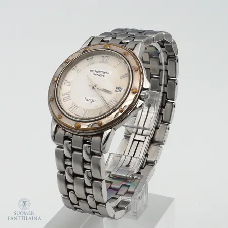 Teräsrannekello Raymond Weil Tango, ref.5560, quartz, patteri loppunut, taulun Ø 36mm, teräsrannekeen pituus 195mm, pientä käytön jälkeä, 