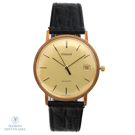 Kultarannekello, Tissot, Seastar, quartz, rungon Ø 33mm, kaiverrettu, laatikko, nahkaranneke, 585br, 