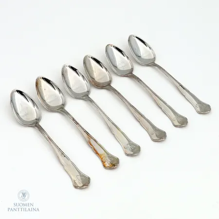 Kuusi kahvilusikkaa, Chippendale, kaiverrettu, pituus 115mm, 830,  Paino: 74 g