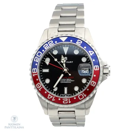 Teräsrannekello Steinhart,  Diver GMT - ocean one 39 blue-red, automaatti, 21 kivinen, taulun Ø 39mm, rannekkeen pituus 195mm, 2 lisäpalaa, laatikko 