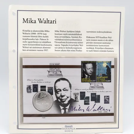 Hopeinen juhlaraha, Mika Waltari, 2008, 10 euroa, 0307/5000, 925, Paino: 25,5 g