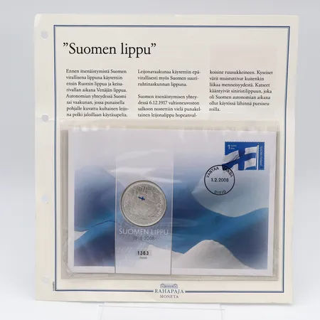 Hopeinen juhlaraha, Suomen lippu, 2008, 10 euroa, 1363/5000, 925, Paino: 25,5 g