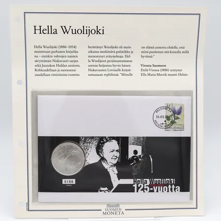 Hopeinen juhlaraha, Hella Wuolijoki, 2011, 10 euroa, 0166/2000, 925, Paino: 25,5 g
