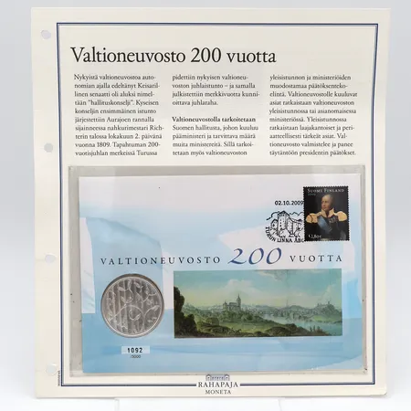 Hopeinen juhlaraha, Valtioneuvosto 200 vuotta, 2009, 10 euroa, 1092/3000, 925, Paino: 25,5 g