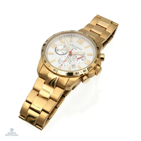 Teräsrannekello Leijona 5010-2168, quartz, rungon Ø 42mm, rannekkeen pituus 210mm, rannekkeessa ja rungossa pieniä käytön jälkiä