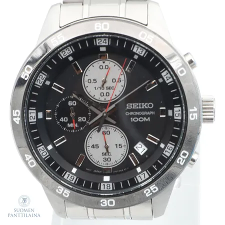Teräsrannekello Seiko chronograph 100m, 4R57-00K0, lasissa pieniä naarmuja, quartz, rungon Ø44mm, teräsrannekkeen pituus 185mm, patteri loppunut, 